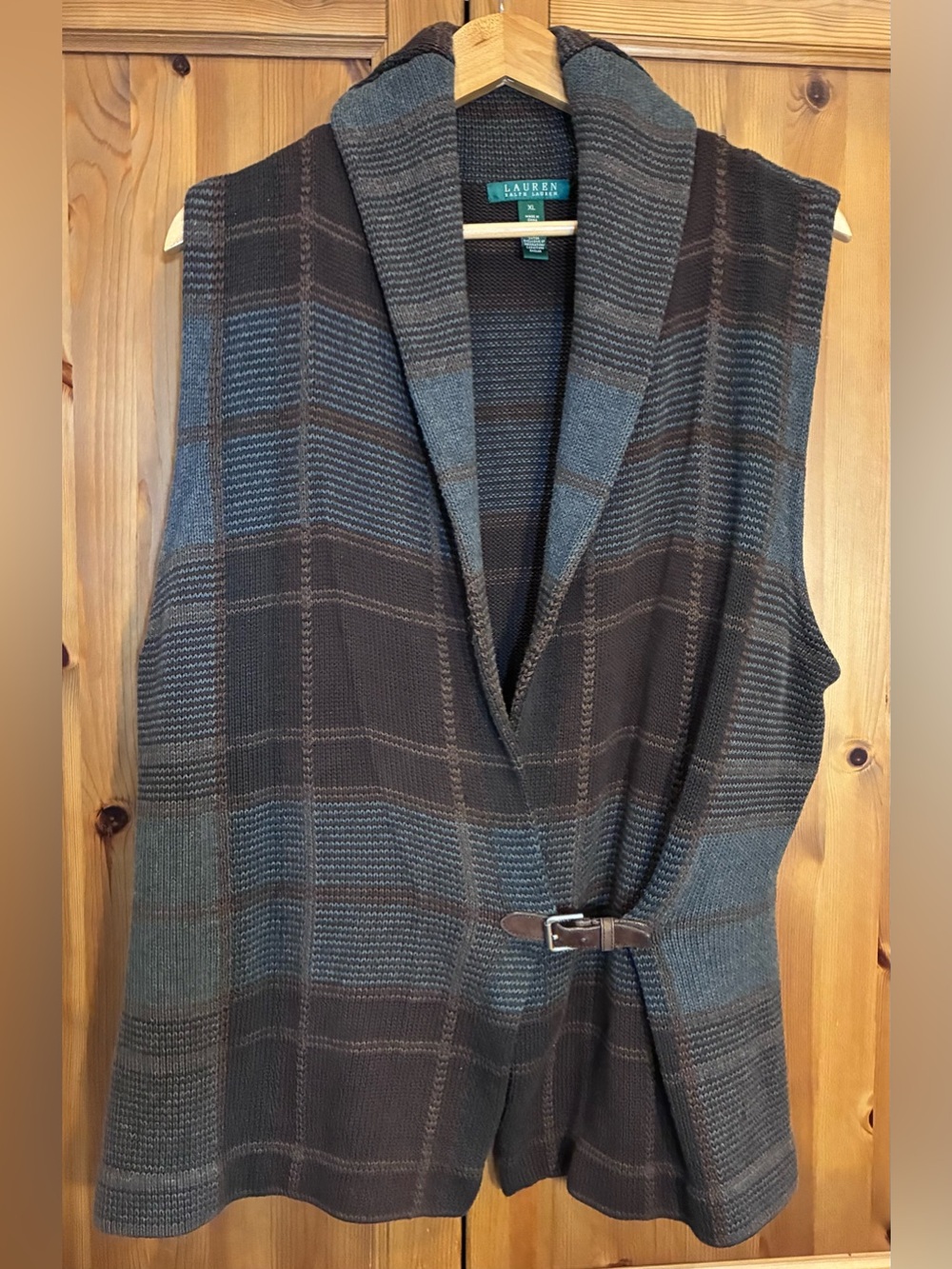 Lauren Ralph Lauren Cardigan Sweater Vest Tartan Plaid Leather Belted Womens XL